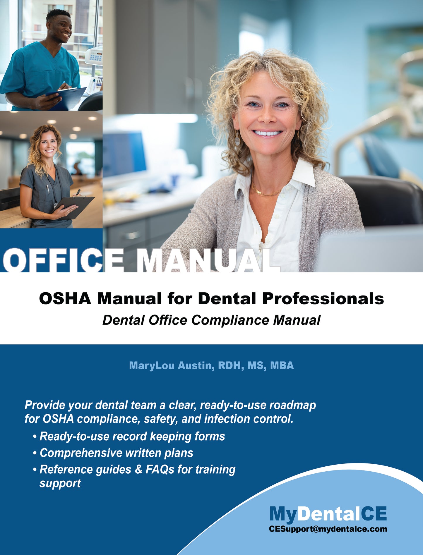 Cover of 'OSHA Manual for Dental Professionals' with a woman in a dental office setting.