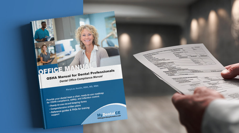 Book titled 'Office Manual for Dental Professionals' with a person holding a document.